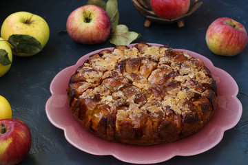 Homemade sugar pie with apples located on a dark background on a pink plate, horizontal orientation