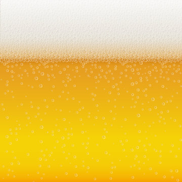 Realistic Bubbles and White Beer Foam. Cool Liquid Drink for Bar, Pub or Restaurant Menu Design. Yellow Horizontal Beer Fest Background in Foam. Cold Glass of Ale for Brewery Design