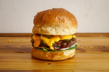 Meaty hamburger in a restaurant