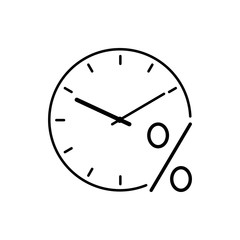 Icono plano lineal reloj con símbolo porcentaje en color negro