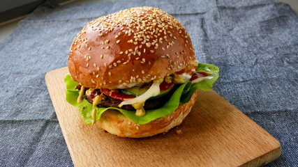 Meaty hamburger in a restaurant