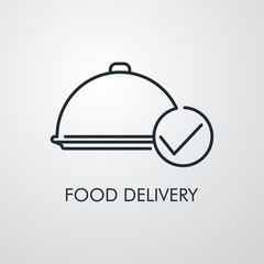Servicio entrega de comida a domicilio. Icono plano lineal bandeja de comida con símbolo de validación en fondo gris