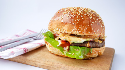 Meaty hamburger in a restaurant