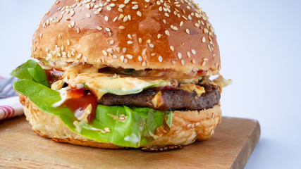 Meaty hamburger in a restaurant