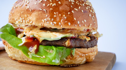 Meaty hamburger in a restaurant