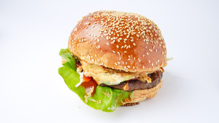 Meaty hamburger in a restaurant