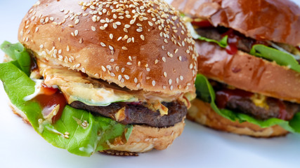Meaty hamburger in a restaurant