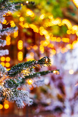 Christmas background: tree branch in snow, lights bokeh
