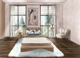 The interior of a cozy bedroom. Romance, beautiful view from the window, excellent bed linen. The enjoyment of solitude. Very want sleep not one and not one, and in General, do not want to sleep - sex