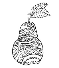 Pear and leaf with different patterns on white isolated background.. Good for coloring book pages.