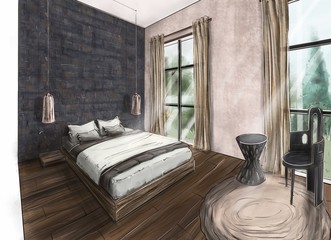 The interior of a cozy bedroom. Romance, beautiful view from the window, excellent bed linen. The enjoyment of solitude. Very want sleep not one and not one, and in General, do not want to sleep - sex