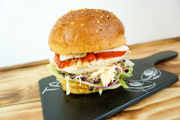 Meaty hamburger in a restaurant