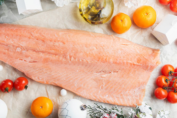 new year Christmas background with fish and seafood and decorations