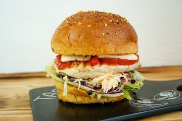 Meaty hamburger in a restaurant