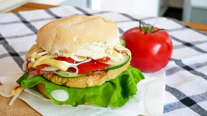 Meaty hamburger in a restaurant