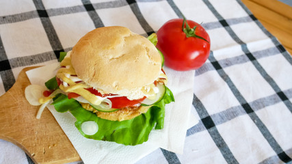 Meaty hamburger in a restaurant