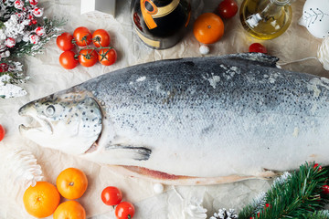 new year Christmas background with fish and seafood and decorations