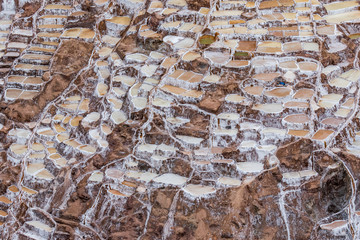 Landscape of the salt terraces of Maras ( Salineras de Maras) in the Andes mountain range in the region of Cusco, Peru, Sacred Valley. One of the main tourist attractions in Cusco Region.