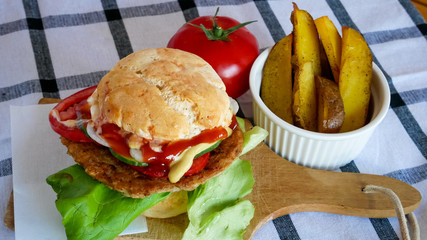 Meaty hamburger in a restaurant