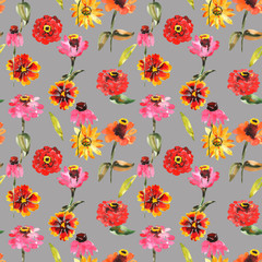 Watercolor seamless pattern with summer flowers, pansies, zinnia, chamomile, botanical painting on a gray background, hand drawn, stock illustration.
