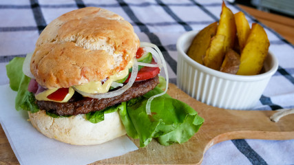 Meaty hamburger in a restaurant
