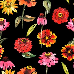 Abwaschbare Fototapete Watercolor seamless pattern with summer flowers, pansies, zinnia, chamomile, botanical painting on a black background, hand drawn, stock illustration. © Maya