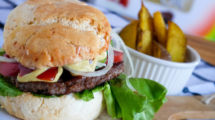 Meaty hamburger in a restaurant