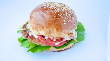 Meaty hamburger in a restaurant