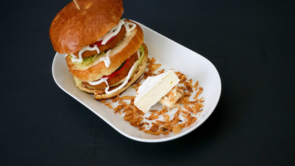 Meaty hamburger in a restaurant