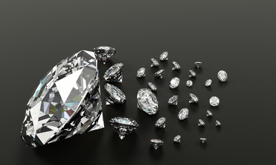 3D Rendering  diamonds on dark gray  surface