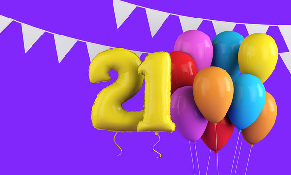 Happy 21st birthday colorful party balloons and bunting. 3D Render