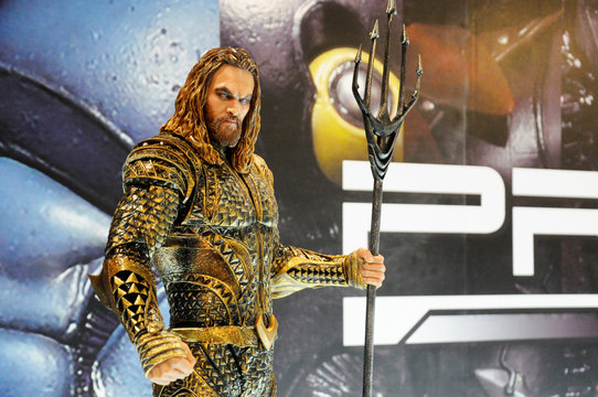 KUALA LUMPUR, MALAYSIA -MARCH 31, 2018: Fiction character of AQUAMAN from DC movies and comic. AQUAMAN action figure toys in display for the public by collector and fan.