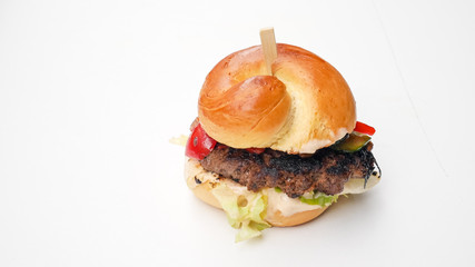 Meaty hamburger in a restaurant