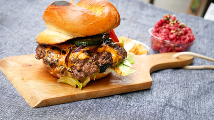 Meaty hamburger in a restaurant