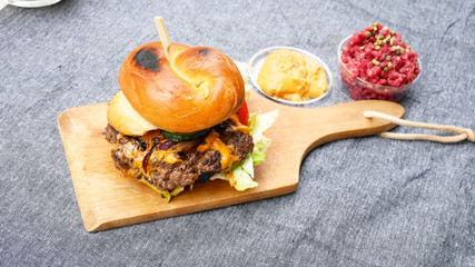 Meaty hamburger in a restaurant