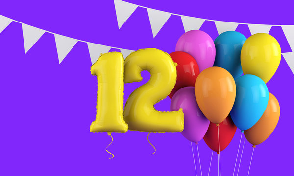 Happy 12th birthday colorful party balloons and bunting. 3D Render
