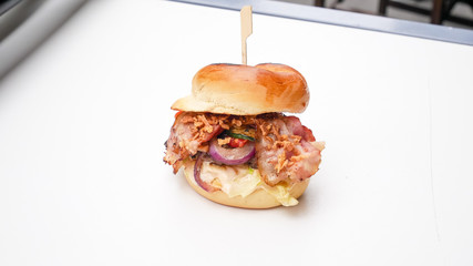 Meaty hamburger in a restaurant