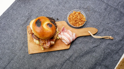 Meaty hamburger in a restaurant