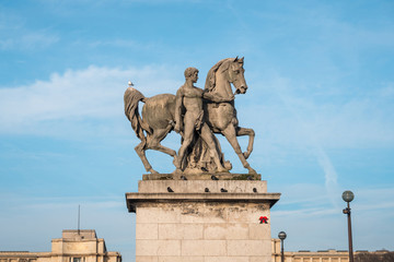 Equestrian statue of a Roman warrior on Pont d`Iena in Paris, France.