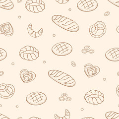 Hand drawn vector seamless pattern with different kind of bread