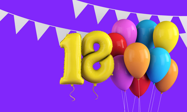 Happy 18th birthday colorful party balloons and bunting. 3D Render