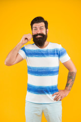 Real joy. mature brutal guy striped shirt. male fashion barbershop. summer vacation is on. happy...