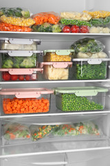 Plastic bags and containers with different frozen vegetables in refrigerator