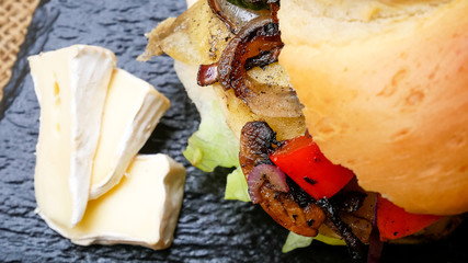 Meaty hamburger in a restaurant