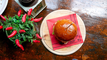 Meaty hamburger in a restaurant