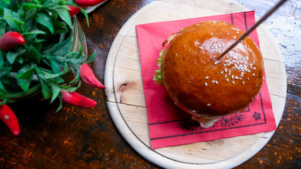 Meaty hamburger in a restaurant