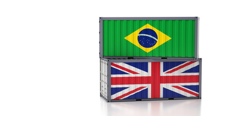 Two freight container with United Kingdom and Brazil national flag. 3d rendering 