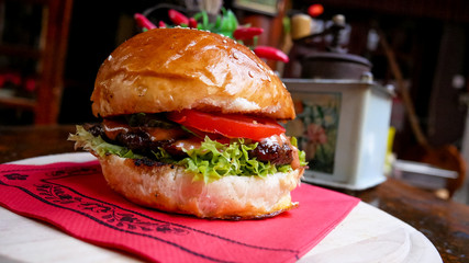 Meaty hamburger in a restaurant