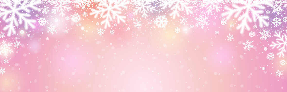 Pink christmas banner with white blurred snowflakes. Merry Christmas and Happy New Year greeting banner. Horizontal new year background, headers, posters, cards, website. Vector illustration