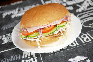 Meaty hamburger in a restaurant